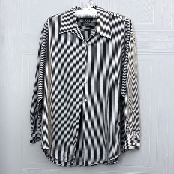 Dolce & Fabuloso 100% Silk Blouse Blue Stripes Long Sleeves Sz M - Picture 1 of 3